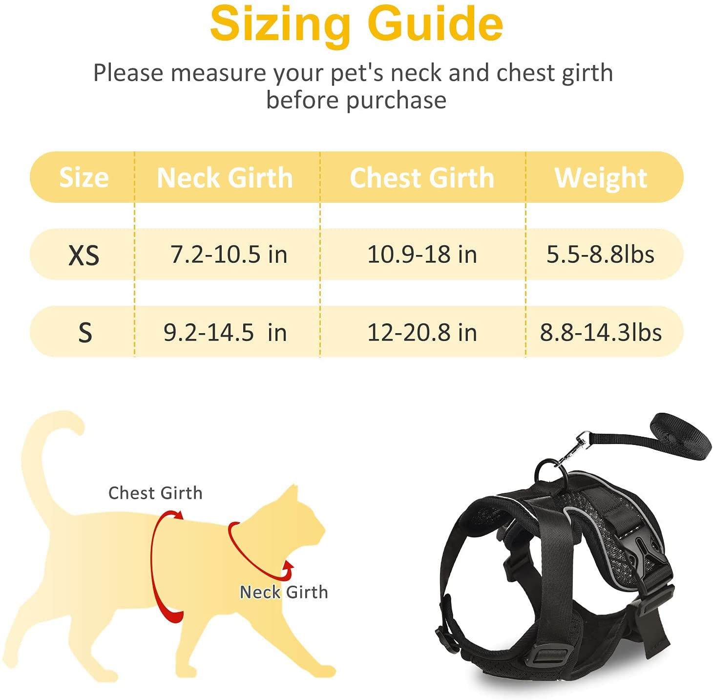 travel cat harness size chart